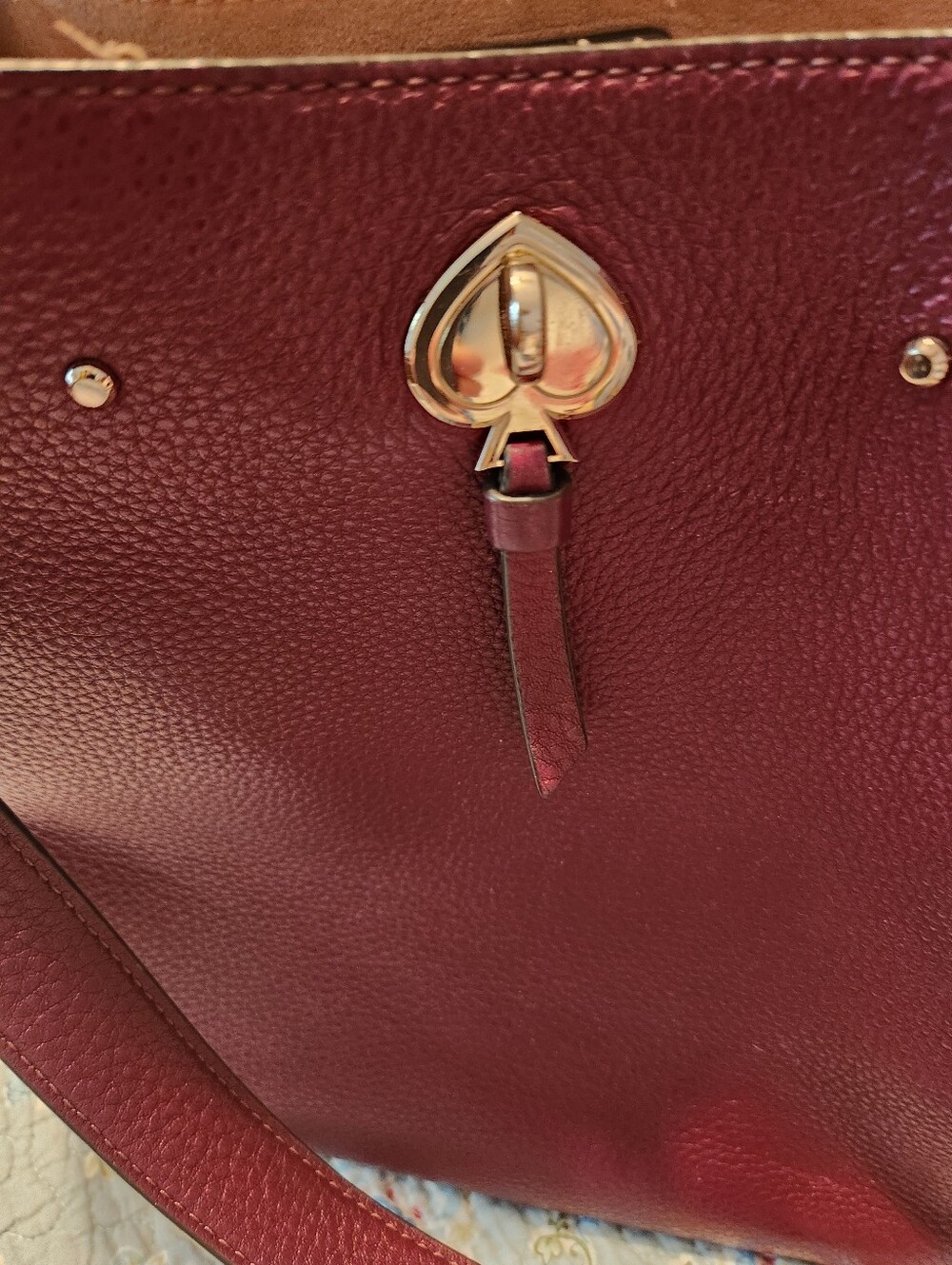 kate spade Burgundy Pebbled Leather Tote with Gold Spade Detail